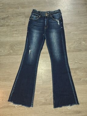 KanCan Dark Blue Frayed Hem Flare Jeans